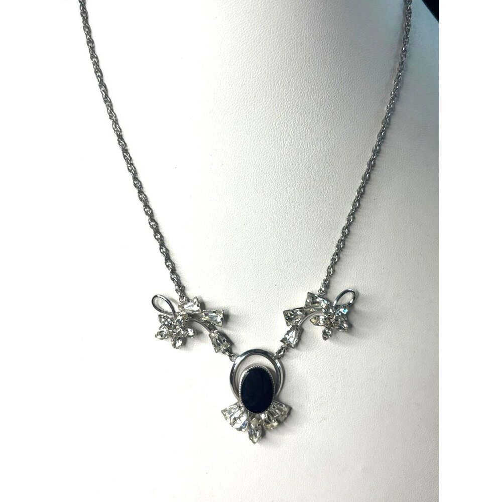 Vintage Signed Star-Art Silver Necklace With Black Onyx & Clear Rhinestones